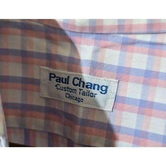Paul Chang Custom Tailor Button Down Dress Shirt Men's Gingham Plaid Pink Blue B - Picture 2 of 3
